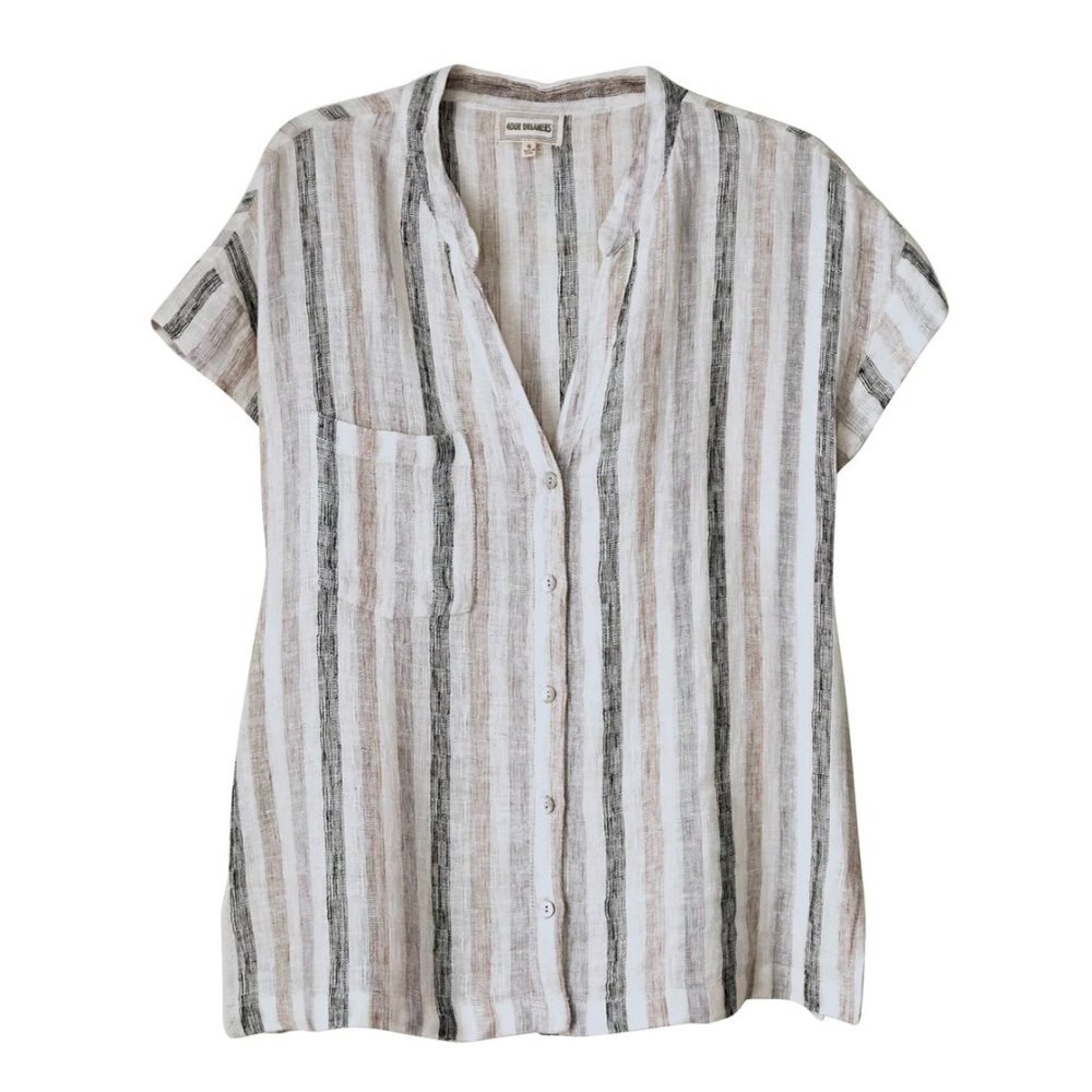 Sheer Stripe Cap Sleeve Camp Shirt, Smoke